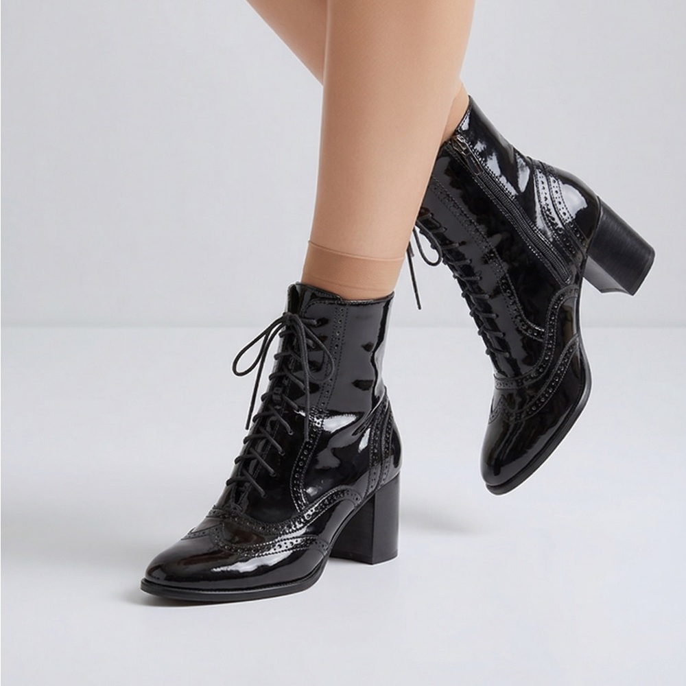 CHANEL Black Patent Lace-Up Brogue Ankle Boots